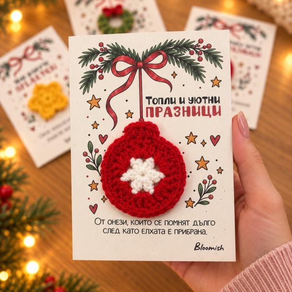 Коледна картичка с топка „Топли и уютни празници“